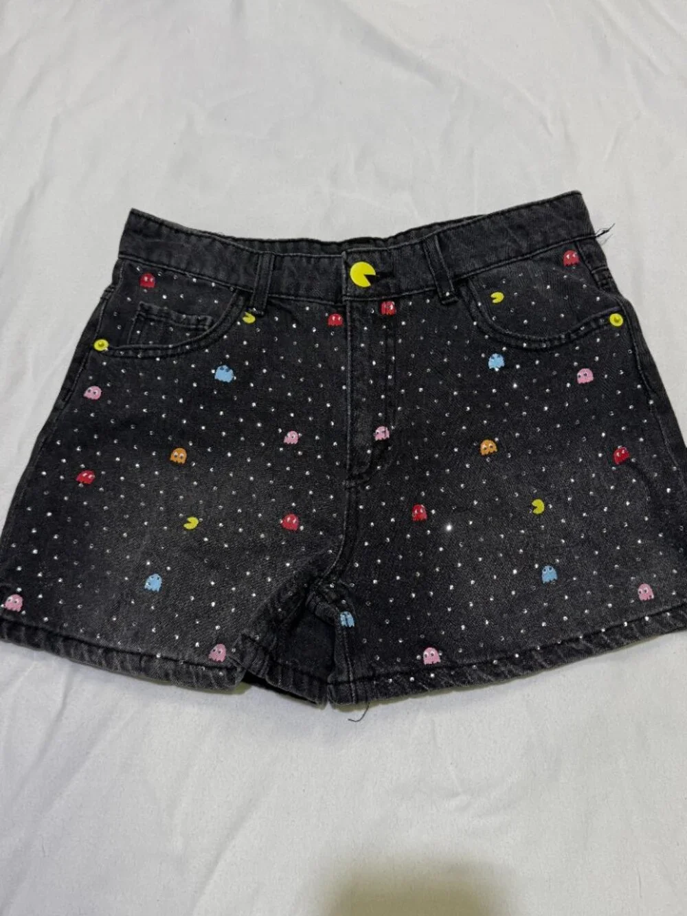 Justice Girls Black Pac-Man Rhinestone Denim Mini Mom Shorts 14
